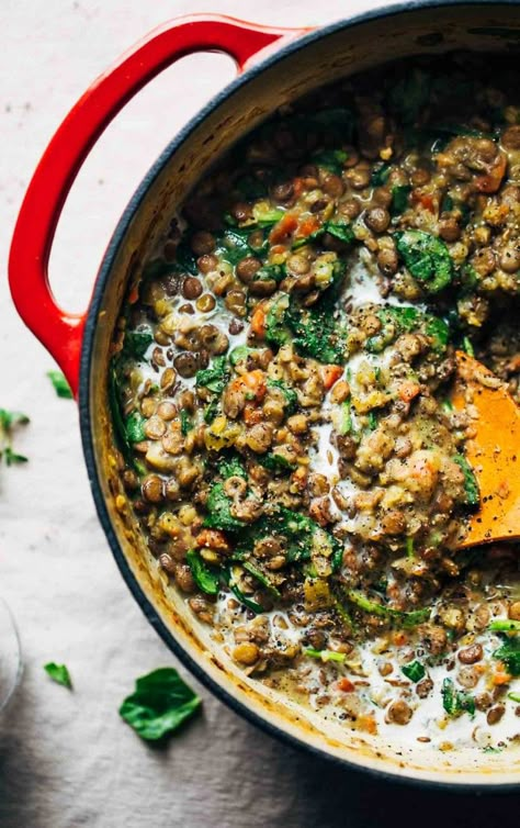 One-Pot Creamy Spinach Lentils - SO GOOD! Made with lots of veggies and a potato-thickened broth base to hold it all together. #healthy #vegetarian #cleaneating #dinner | pinchofyum.com Creamy Lentils, Lentil Curry, Creamy Spinach, Pot Meals, Curry Recipe, Meatless Meals, Vegetarian Dishes, One Pot Meals, Veggie Recipes