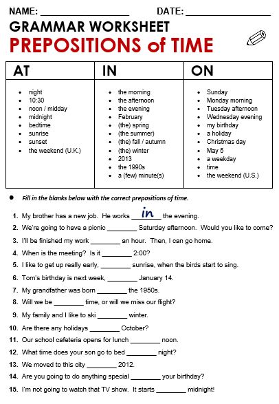 Time: At / In / On - All Things Grammar Preposition Of Time, Preposition Worksheets, English Prepositions, English Grammar Exercises, Grammar For Kids, Grammar Exercises, English Exercises, Teaching English Grammar, English Grammar Worksheets