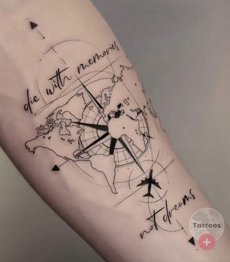 Small World Map Tattoo, Geometric Map Tattoo, Travel Simple Tattoo, Travel Buddy Tattoos, Fineline Travel Tattoo, Map And Compass Tattoo Design, Schematic Tattoo, Travel Tattoo Men, Travelling Tattoos