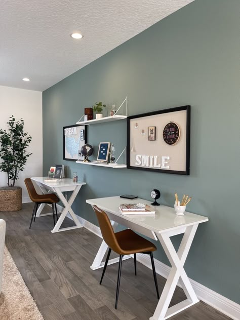 Teal And Grey Living Room Accent Walls, Living Room Teal Walls, Accent Wall For Small Living Room, Office Room Wall Color, Blue And Green Accent Wall, Long Accent Wall Living Rooms, Teal Office Walls, Small Office Wall Colors, Accent Wall Dining Room Paint Ideas