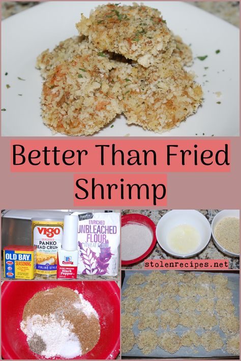 The name says it all! Shrimp is dipped in a seasoned flour mixture, then in egg whites and then in Panko bread crumbs. Then the breaded shrimp are placed on a cooking and baked until golden. These shrimp are tasty enough to be eaten with or without cocktail sauce. Recipe For 1, Breaded Shrimp, Seafood Seasoning, Baked Shrimp, Shrimp Seasoning, Cocktail Sauce, Fried Shrimp, Panko Bread Crumbs, Bread Flour