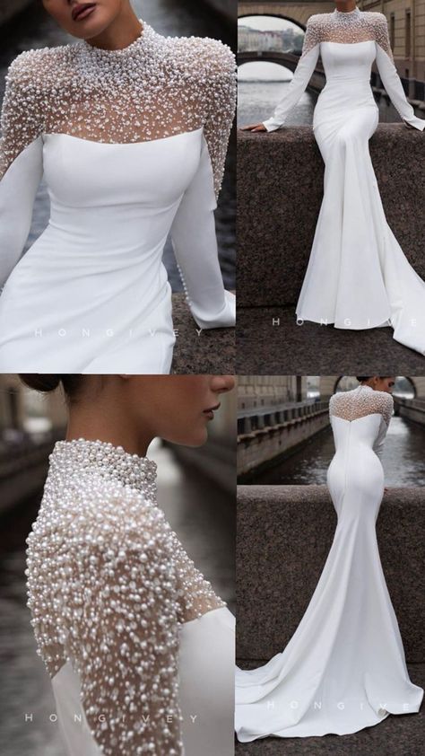 Wedding Dress Lace Beaded, Wedding Dress Up, Elegant Mermaid Wedding Dress Classy, Wedding Dresses Night Party, Simple Elegant Wedding Dresses, All White Wedding Dress, Dress Trend 2024, White Ball Dress, Night Wedding Dress