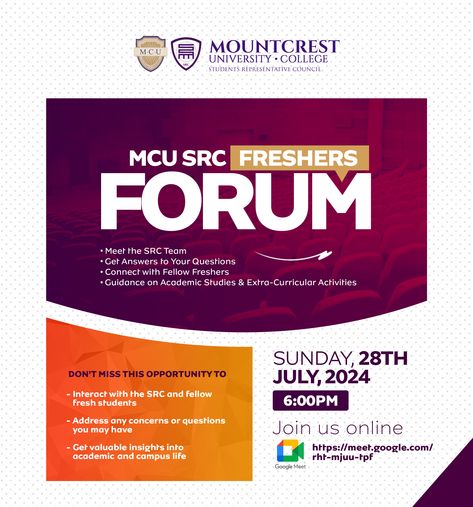 Mountcrest freshers forum flyer designed by Oppomence, Ghana. Contact us on 0247369275 Cac Registration Flyer Design, Flyer Design For School, Church Flyers Design, Seminar Flyer Design, Fundraising Flyer Design, Company Flyer Design, Church Background, Web Design Creative, Photoshop Training