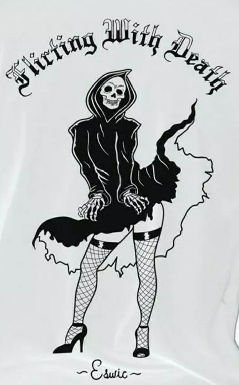 Pinup Grim Reaper Tattoo, Funny Dark Tattoos, Grim Reaper Tattoo Funny, Neo Gothic Tattoo, Cute Grim Reaper Tattoo, Funny Skull Tattoo, Funny Skeleton Tattoo, Grim Reaper Tattoo Designs Drawings, Horror Tattoo Ideas Dark Art