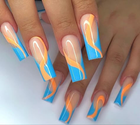 Orange And Blue Nails Ideas, Bedazzle Nails, Blue And Orange Nails Designs, Carribean Nails, Orange And Blue Nails, Freestyle Nails, Gold Acrylic Nails, Orange Nail Designs, Acrylic Nail Shapes