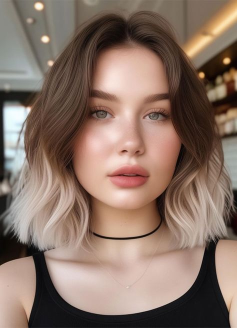 Shoulder-length Ombre Waves with Middle Part, haircut for round face Waves With Middle Part, Cute Haircuts For Round Faces, Middle Part Haircut, Haircut For Round Face, Haircuts For Round Faces, Rich Brunette, Ash Blonde Balayage, Soft Blonde, Cute Haircuts