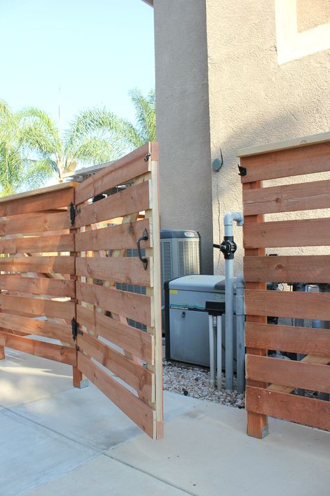 hide pool equipment with diy fence gate Ac Unit Privacy Fence, How To Hide Pool Equipment, How To Hide Pool Filter And Pump, Fences Around Pools Ideas, Pool Pump Cover Ideas Diy, Hide Pool Equipment Ideas, Hide Pool Equipment, Backyard Ideas With Pool, Pool Equipment Cover