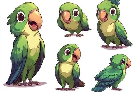 ↑↑↑ Larger size on website 🔸 The image shows five cartoon green parrots in different poses. One parrot is standing with its wings Parrot Character Illustration, Cartoon Parrot, Parrot Cartoon, Parrot Drawing, Cartoon Green, Different Poses, Large Eyes, Book Ideas, Children’s Books