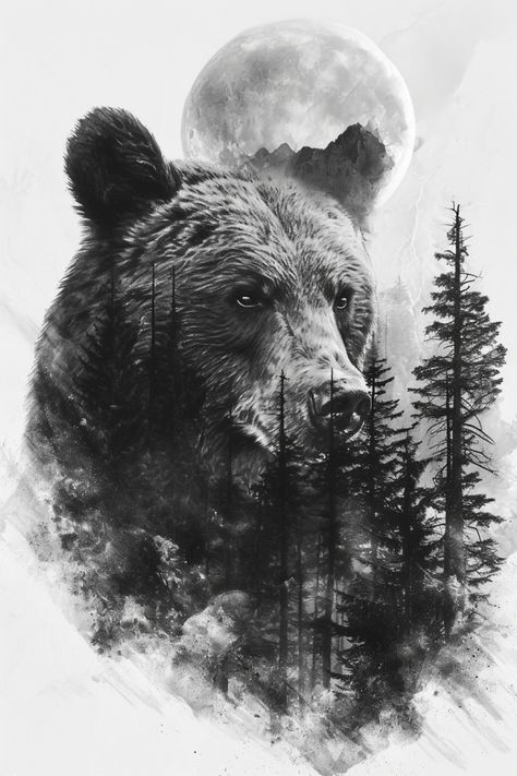 Charcoal Nature Art, Realistic Drawings Tattoo, Bear Portrait Tattoo, Momma Bear Tattoo, Bear Mural, Cabin Tattoo, Grizzly Bear Tattoos, Wilderness Tattoo, Black Bears Art