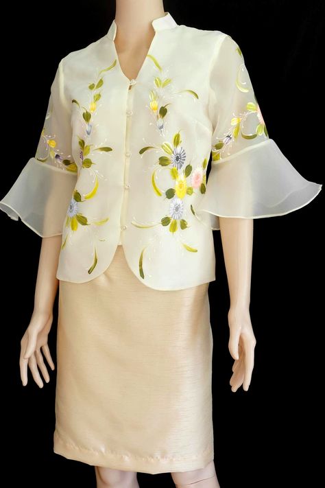 Filipiniana Kimona hand-painted in Flair Sleeves Modern Filipiniana Barong, Modern Maria Clara, Modern Filipiniana Alampay, Hand Painted Filipiniana, Filipiniana Barot Saya, Filipiniana Pictorial, Philippine National Costume, Flair Sleeves, Baro’t Saya And Barong Tagalog