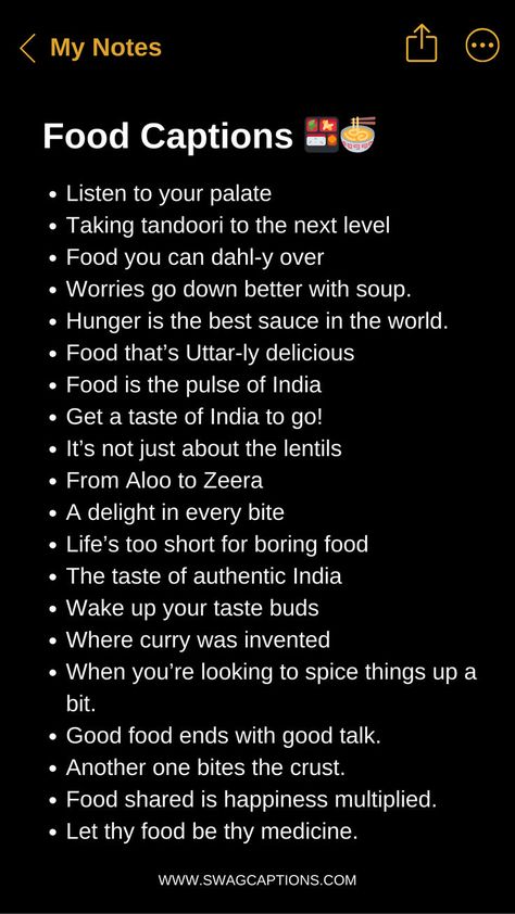 Indulge in a feast for the eyes and the palate with our Food Captions for Instagram! Enhance your foodie game with mouthwatering descriptions that pair perfectly with your culinary creations. From decadent desserts to savory sensations, these captions will make your followers drool and double-tap in delight. Spice up your feed and let your food speak volumes. It's time to savor every bite and share the deliciousness with the world. Dinner Quotes, Creative Instagram Names, Foodie Quotes, Instagram Food Pictures, Of Captions, Short Instagram Captions, Witty Instagram Captions, Food Captions, Clever Captions For Instagram