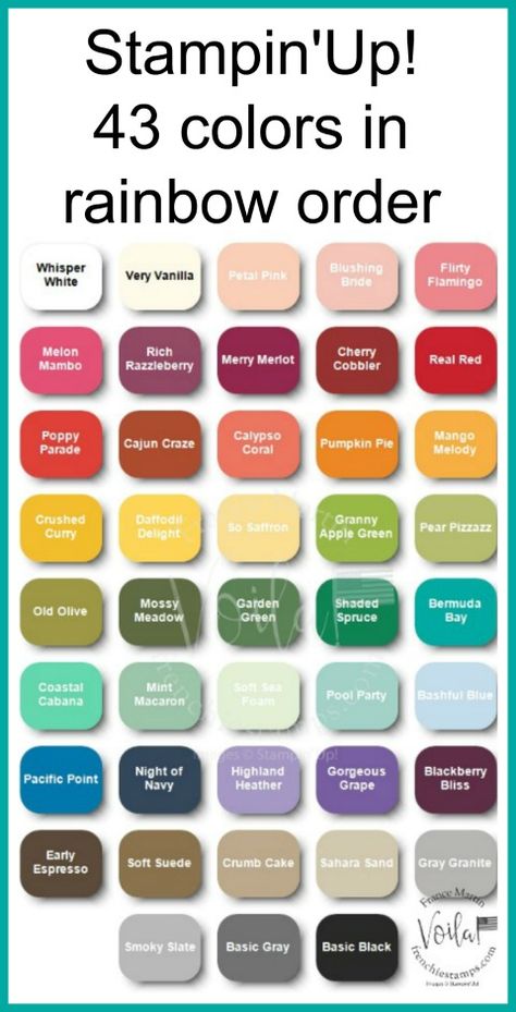 Stampin'Up! Color Sampler - Frenchie Stamps Stampinup Color Combinations, Stampin Up Dsp Color Charts, Stampin Up In Colors 2022-2024, Stampin Up Colors In Rainbow Order, Stampin Up Colourful Seasons, Stampin Up Markers, Rainbow Order, Color Combinations For Clothes, Color Wheel