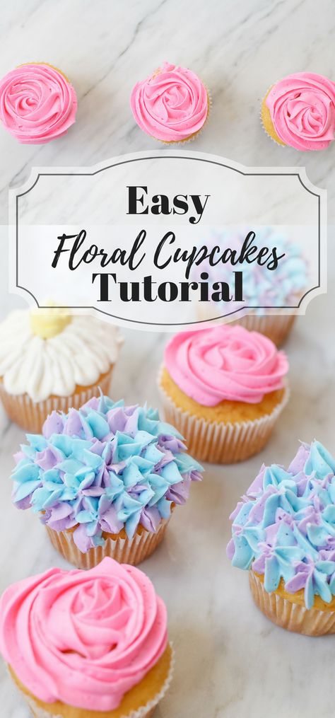 How To Do Flower Cupcakes, Diy Floral Cupcakes, Cupcakes Decoration Flowers Easy, Diy Flower Cupcakes Easy, How To Make Floral Cupcakes, Simple Flower Cupcake Designs, Easy Cupcake Flowers, Flower Decorated Cupcakes, Cupcakes With Fresh Flowers