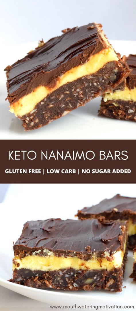 keto nanaimo bars recipe. low carb nanaimo bars. healthy nanamio bars, gluten free nanaimo bars Keto Bars Recipe Low Carb, Keto Dessert Healthy, Keto Squares, Healthy Nanaimo Bars, Keto Bar Cookie Recipes, Keto Slices Recipes, Keto Nanaimo Bars, Delicious Keto Desserts, Keto Bars Recipe Easy