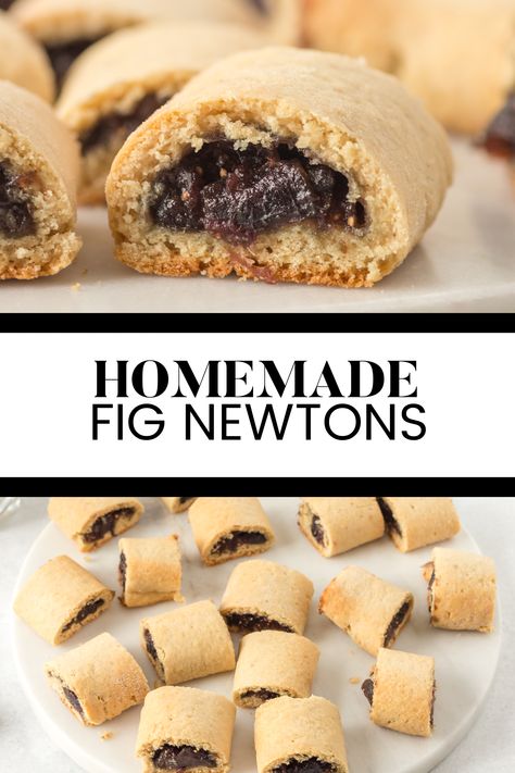 Two image collage of homemade fig newtons. First image is a cookie on plate. Second image is a group of cookies on a plate. Fig Newton Cookies, Sourdough Fig Newtons, Fig Newtons With Fresh Figs, Fresh Fig Newton Recipe, Fig Newtons Homemade, Fig Newton Recipe, Fresh Fig Recipes, Homemade Fig Newtons, Homemade Fig Jam