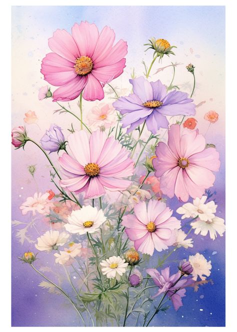 Painting Cosmos Flowers, Kosmos Flowers, White Cosmos, Pictures Of Flowers, Free Watercolor Flowers, Cosmos Flowers, Chinoiserie Wallpaper, Watercolor Flower Art, Flower Art Images