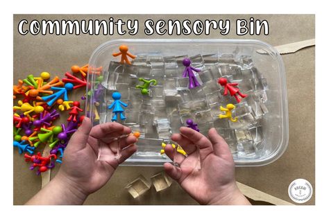 Learning about community and family can be a fun and hands-on experience when using the Community Sensory Bin. By combining water cubes and family counters (figures shaped like different people and pets in the community), young learners can spend hours exploring the sensory bin and learning about their own community! Neighborhood Sensory Bin, Family Sensory Bin, People Figures, Different People, Sensory Bin, Sensory Bins, The Community, Hands On, Preschool