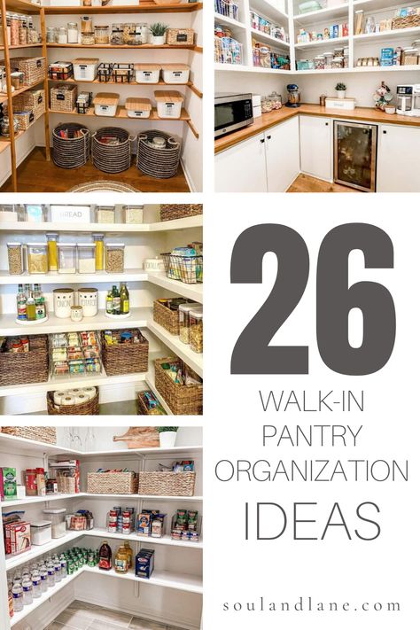 Revolutionize your walk-in pantry with organization ideas designed for ultimate efficiency. Embrace the art of decluttering with clear bins and baskets labeled for easy identification. Implement a zone system to keep breakfast items, baking essentials, and snacks in designated areas. Add tiered shelving for spices and canned goods, ensuring everything is visible at a glance. For bulk items, use stackable containers to save space and maintain freshness. These walk-in pantry organization strategie Organized Walk In Pantry, Walk In Pantry Wallpaper, 5 X 7 Walk In Pantry, Functional Pantry Organization, Garde Manger Walk In, Pantry Organization Ideas Walk In, Small Walk In Pantry Ideas, Pantry Ideas Walk In, Pantry Design Walk In