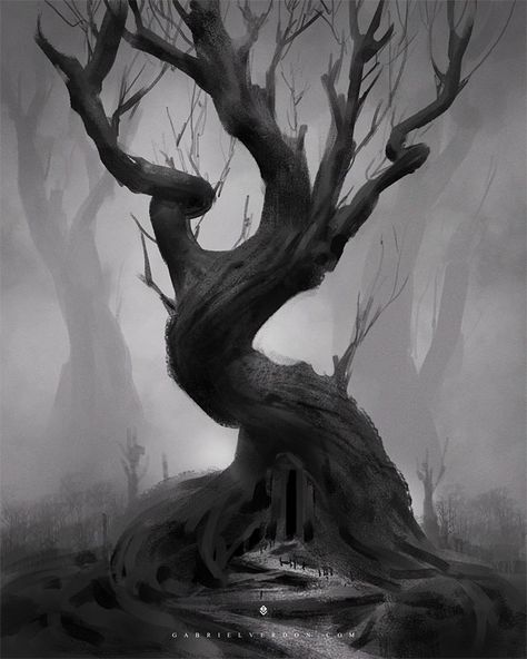 Dragon Fruit Tree, Hollow Tree, Pine Tree Tattoo, Twisted Tree, Dark Tree, Magical Tree, Creepy Images, Speed Painting, Black And White Tree