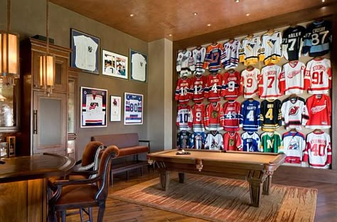 Framed Jerseys: From Sports-Themed Teen Bedrooms To Sophisticated Man Caves! Man Cave Ideas Sports, Man Cave Paintings, Man Cave Designs, Hockey Man Cave, Best Man Caves, Rustic Man Cave, Sports Man Cave, Man Cave Lighting, Man Cave Design