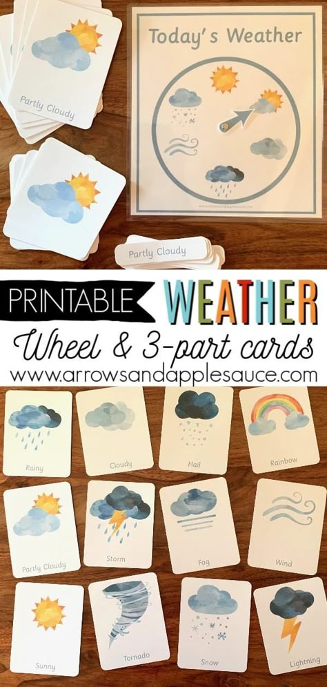 Learning about the weather is fun with these great printables! Enjoy a sensory-friendly Montessori inspired weather wheel and set of three-part cards, along with my new winter math activity bundle. Perfect printable activities great for homeschool or to add to your preschool curriculum and classroom. #weatheractivities #montessoriclassroom #montessorihomeschool #kidswinteractivities #homeschoolprintables #learningathome #classroomweatherstation #preschoolprintables Weather Printables, Weather Wheel, Weather Activities Preschool, Activity Binder, Winter Math Activities, Preschool Weather, Weather Cards, Preschool Counting, Montessori Lessons