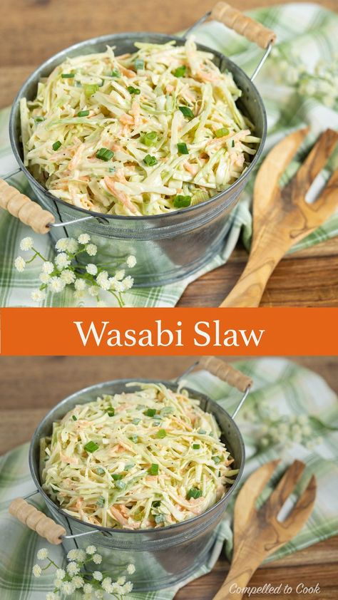 All the creaminess of a mayonnaise-based dressing and the crunch of cool crisp cabbage but it is set apart by the addition of wasabi. The earthy heat melds with the creamy dressing and gives just the right amount of punch. #compelledtocook #coleslaw #cabbage #wasabi #recipe #recipeblog #summerfood #salads #potluck #bbqsalad #creamydressing #glutenfreesalad #vegetariansalad #sidedish #cabbagesalad #cabbageslaw #easyrecipe Creamy Wasabi Dressing, Wasabi Slaw Recipe, Fresh Slaw Recipe, Recipes With Wasabi, Recipes Using Wasabi, Wasabi Dressing Recipe, Wasabi Salad Dressing, Salads Potluck, Meals With Recipes