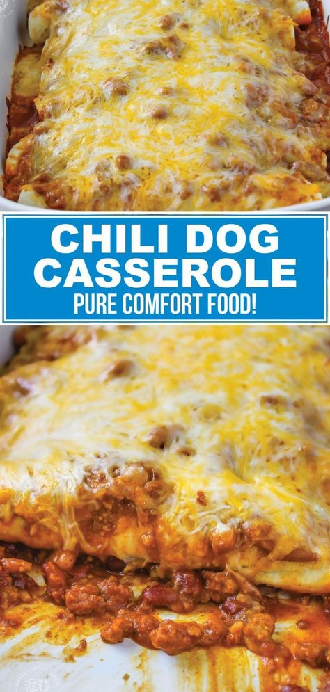 This easy dinner recipe is the best! Learn how to make a delicious chili cheese dog casserole from just a few simple ingredients! This is the perfect weeknight meal for busy families. If you love hot dogs, then you will love this yummy alternative! Try making this casserole for your family this summer! #hotdogs #casserole #recipes #dinner #chili #cheese Hot Dog Casserole, Chili Dog Casserole, Chili Cheese Dog Casserole, Chili Dog, Chili Cheese Dogs, Pork Chop Recipes Baked, Cheese Dog, Chili Dogs, Easy Dinner Recipe