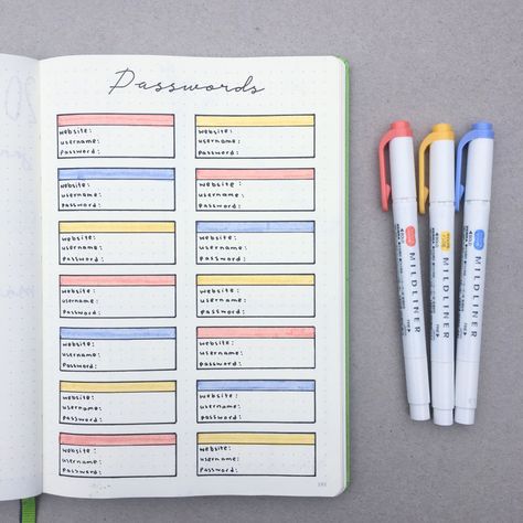 This passwords log that'll make sure you never have to click "forgot my password" again. Bullet Journal Collections, School Organisation, Bullet Journal Page, Bullet Journal 2020, Penanda Buku, Journal Layouts, Bullet Journal Notes, Bullet Journal Tracker, Creative Journaling