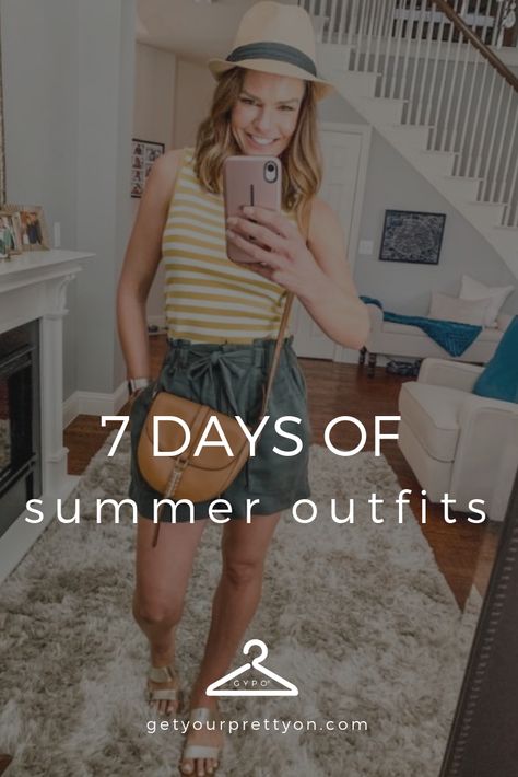 7 Days of Summer Outfits from Get Your Pretty On #gypo #getyourprettyon #capsulewardrobe #summerstyle Yellow Striped Shirt, Hello July, Simple Summer Style, Summer Holiday Outfits, Your Pretty, Outfit Formulas, Ideas Outfit, Style Inspiration Summer, Style Challenge