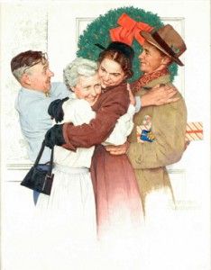 "Home for Christmas," Norman Rockwell, 1955. Norman Rockwell Christmas, Norman Rockwell Art, Santa Klaus, Rockwell Paintings, Norman Rockwell Paintings, Illustration Noel, Home For Christmas, Christmas Canvas, Old Fashioned Christmas