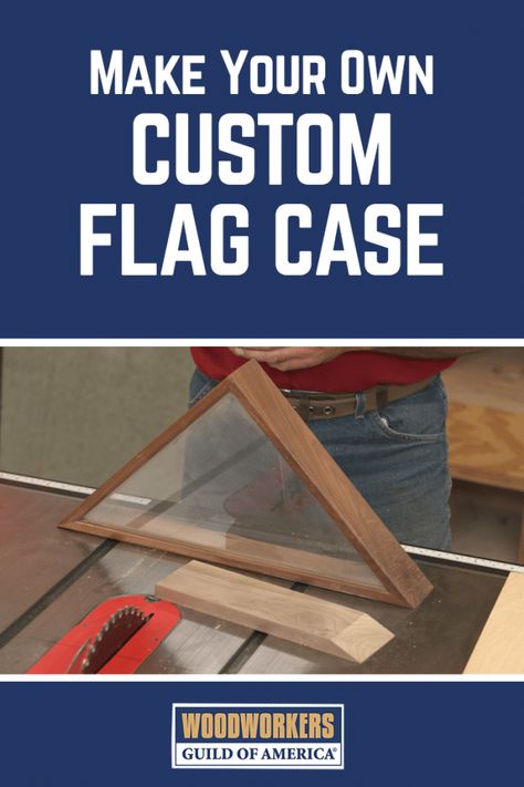 One of the most inspired and patriotic projects that a woodworker can build is a flag case. Building a flag display case primarily involves standard cabinetmaking tools and skills but how on earth do you cut those sharp miters on the base? #diywoodwork Memorial Flag Display, Flag Display Case, Patriotic Projects, Woodworking Plans Beginner, Flag Display, Diy Display, Woodworking Supplies, Pallet Crafts, Wood Working Gifts