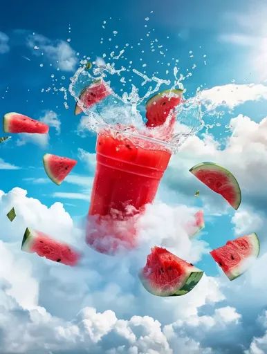 ↑↑↑ Larger size on website 🔸 A glass of watermelon juice explodes in mid-air against a bright blue sky with white clouds. Slices  🔸 From Midjourney AI Image Bright Blue Sky, Summer Scenes, Splash Art, Blue Sky Background, Watermelon Juice, Watermelon Slices, Art Prompts, White Clouds, Simple Backgrounds