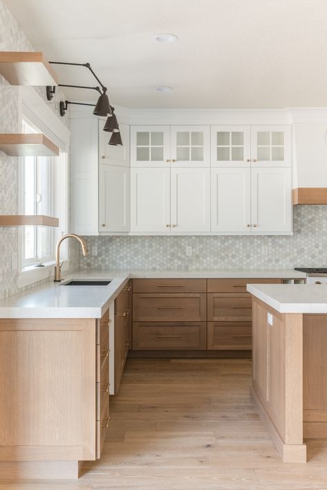 Utah's Premier Home Builder - Small White Galley Kitchen Ideas, Light Kitchen Dark Countertops, Light Floors Kitchen, Light Brown And White Kitchen, L Shaped Kitchens With Islands, Kitchen Cabinets Wood And White, Modern Honey Oak Kitchen, Wood Lower Cabinets White Upper, White Uppers Wood Lowers