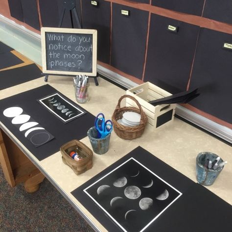 Inquiring Minds: Mrs. Myers' Kindergarten: April 2016 Reggio Space Provocations, Moon Provocation, Invitation And Provocation, Space Reggio, Space Provocations, Space Inquiry, Solar System Unit, Space Theme Preschool, Space Activities For Kids