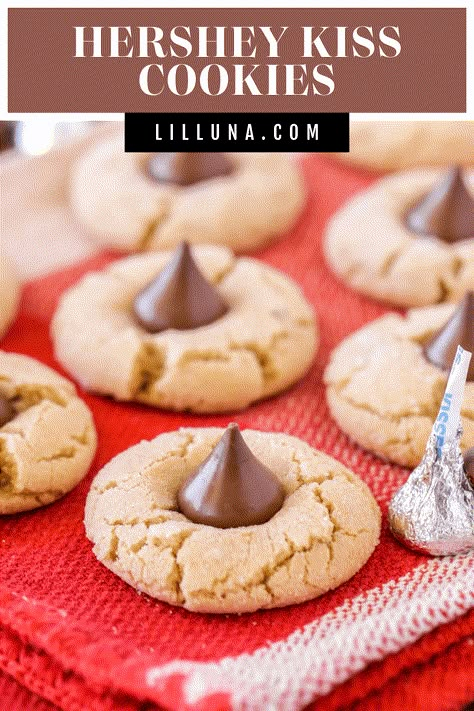 Chewy peanut butter Hershey Kiss cookies can be enjoyed in just 15 minutes with this beloved and simple cookie recipe. #peanutbuttercookies #cookies #peanutbutter #hersheyskiss Peanut Butter Hershey Kiss Cookies, Peanut Butter Kiss Cookies Recipe, Bisquick Cookies, Kiss Cookies Recipe, Cookie Recipes Peanut Butter, Simple Cookie Recipe, Chocolate Kiss Cookies, Kiss Cookie Recipe, Peanut Butter Blossoms Recipe