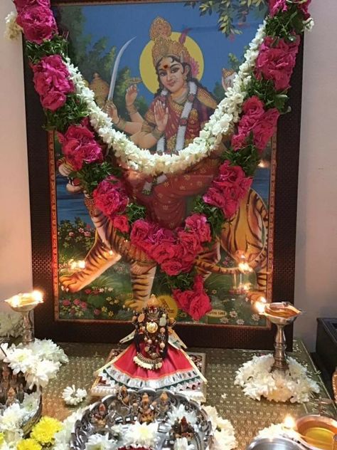 Navratri Pooja At Home, Laxmi Images, Maa Meldi, Navratri Pooja, Boho Corner, Laxmi Maa, Puja Decoration, Mata Ji, Spirit House