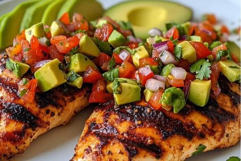 Fiesta Lime Chicken with Avocado Salsa Chicken Avocado Salsa, Grilled Chicken With Avocado, Chicken With Avocado Salsa, Lime Grilled Chicken, Fiesta Lime Chicken, Chicken With Avocado, Grilled Chicken Recipes Easy, Avocado Salsa Recipe, Grilled Chicken Tenders