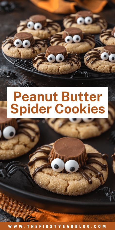 Soft and chewy peanut butter cookies topped with Reese's, melted chocolate, and candy eyes, these peanut butter spider cookies are both easy and fun to make. The perfect Halloween dessert for your next party! Peanut Butter Spider Cookies, Cookies Recipes Easy, Dessert Halloween, Halloween Cookie Recipes, Spider Cookies, Homemade Cookie, Fall Baking Recipes, Halloween Party Snacks, Halloween Treats For Kids