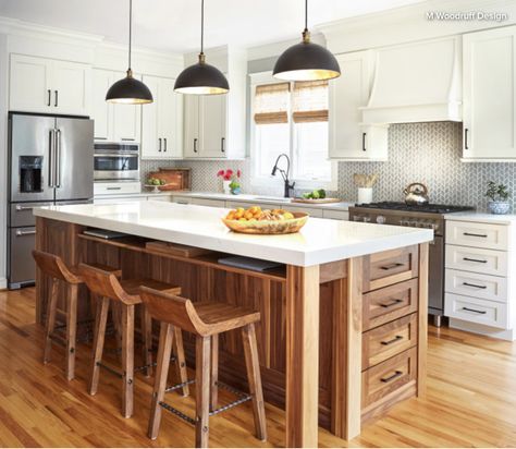 Laptop storage in a kitchen island? Yes please! Walnut Island, Grey Backsplash, Brown Floors, Modern Craftsman, Popular Kitchens, Kitchen Island Design, Island Ideas, Transitional Kitchen, Open Concept Kitchen