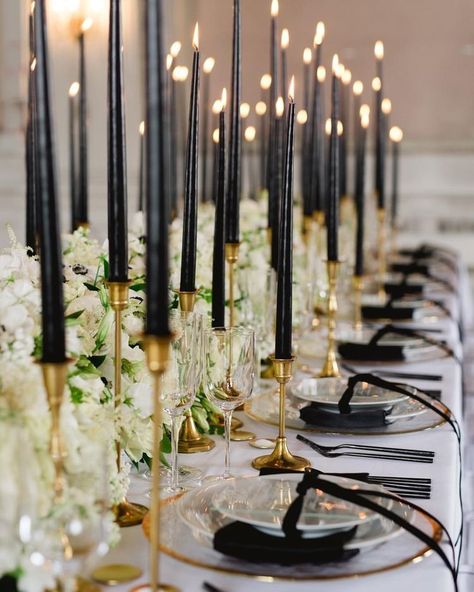 Black Taper Candles, Boathouse Wedding, White Wedding Decorations, Tall Wedding Centerpieces, Gold Candle Holders, Belle Isle, Tall Centerpieces, Black And White Wedding, Black And White Decor