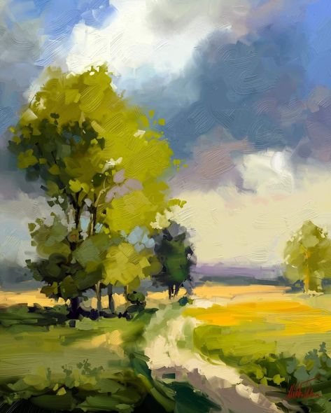 Chalk Pastel Landscape, Chalk Pastel Art, Modern Landscape Painting, Tree Watercolor Painting, Watercolor Art Landscape, Digital Oil Painting, Pastel Landscape, Impressionist Landscape, Landscape Art Painting