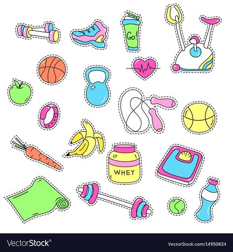 Cute Gym Illustration, Sports Stickers Printable, Gym Stickers Printable, Gym Doodles, Gym Tools, Sports Day Poster, Sport Stickers, Gym Stickers, Gym Cake