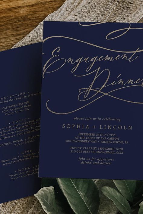 Romantic Navy Front and Back Engagement Dinner Invitation Wedding Announcement Cards, Engagement Dinner, Gold Calligraphy, Wedding Announcement, Minimalist Wedding Invitations, Dinner Invitation, Dinner Invitations, Engagement Party Invitations, Unique Wedding Invitations