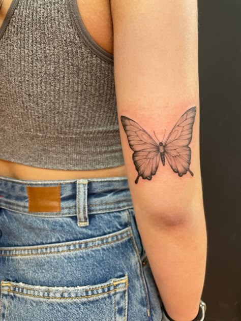 butterfly back of arm tattoo tricep tattoo Butterfly On Tricep Tattoo, Female Inner Arm Tattoo Ideas, Butterfly Tattoo Bicep Men, Tattoo Back Of Upper Arm, Butterfly Tattoo Bicep For Women, Butterfly On Back Of Arm Tattoo, Butterfly Tattoo Behind Arm Above Elbow, Butterfly Tattoo On Tricep, Back Of Arm Butterfly Tattoo Women