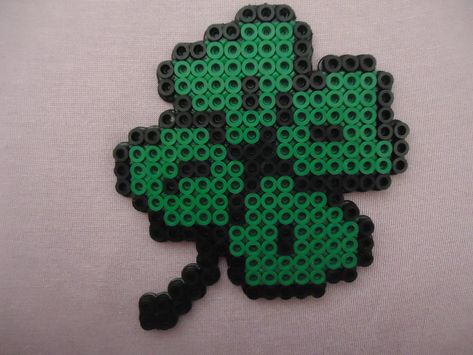 Lucky Four Leaf Clover by PerlerHime on deviantART Shamrock Perler Bead Pattern, Clover Perler Beads, Hama Art, Melty Bead Patterns, Holiday Beading, Fuse Bead Patterns, Perler Crafts, Perler Bead Templates, Iron Beads