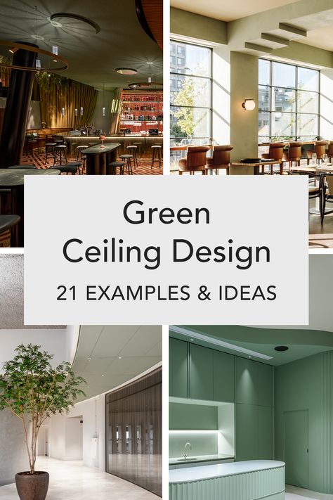 A blog post with 21 examples and ideas of green ceiling designs Green Room And Ceiling, Green Vaulted Ceiling, Green Ceiling Design, Green Ceiling Living Room, Sage Green Ceiling, Dark Green Ceiling, Colourful Ceiling, Black Floorboards, Green Ceiling