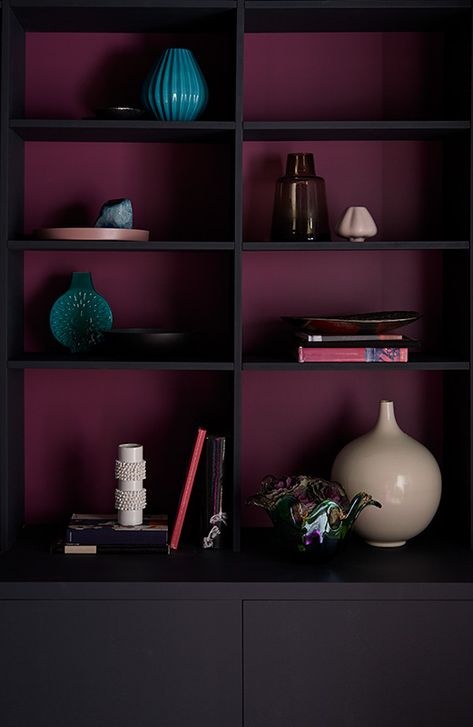 Dark Jewel Tone Paint Colors, Moody With Pops Of Color, Behr Euphoric Magenta, Behr Blackberry Mocha, Dark Pink Decor, Behr Divine Wine, Moody Mid Century Modern Purple, Dark Purple Library Aesthetic, Euphoric Magenta Paint