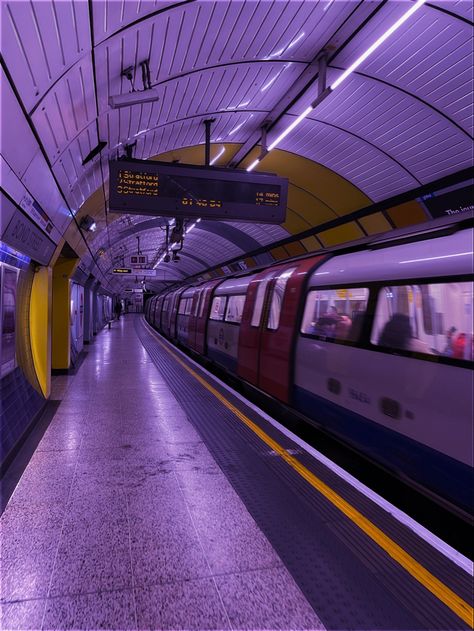 Dark Metro Aesthetics, London Purple Aesthetic, F5ve Underground, Cyberpunk London, Dreamy Purple Aesthetic, Subway Station Aesthetic, Subway Background, Underground Background, London Underground Aesthetic