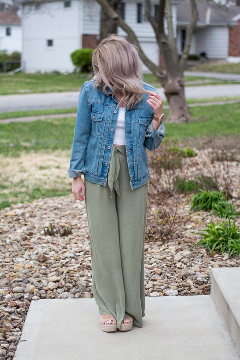 Spring Outfit: Olive Green Linen Pants + Jean Jacket. | Ashley from LSR Linen Pants Denim Jacket, Green Wide Leg Linen Pants Outfit, Pale Green Pants Outfit, Dressy Spring Outfits 2024, Light Green Wide Leg Pants Outfit, Sage Linen Pants Outfit, Green Loose Pants Outfits, Cargo Pant Work Outfit, Pistachio Pants Outfit