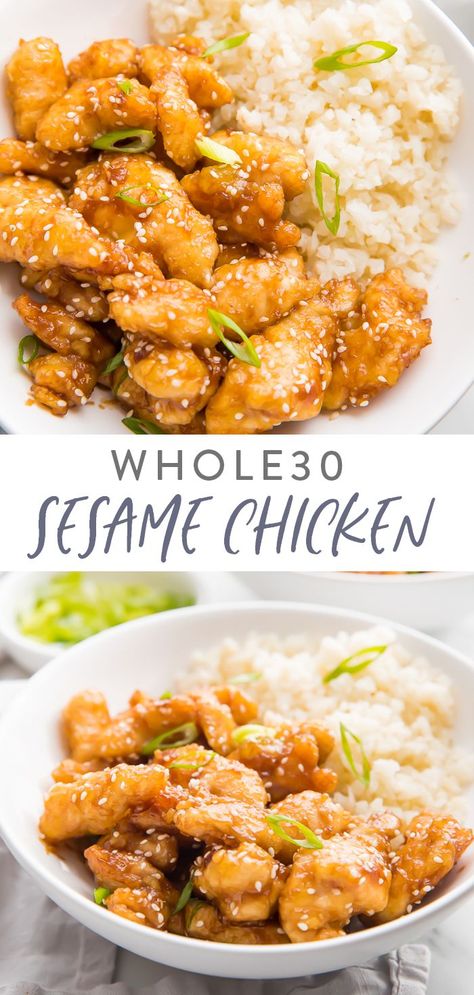 A Whole30 version of the Chinese takeout classic: crispy, tender chicken coated in a naturally sweetened sesame sauce that's just delicious. Great over cauliflower rice. Paleo, grain free, gluten free. #whole30 #paleo #chinese #dinner #chicken Paleo Sesame Chicken, Cauliflower Rice Paleo, Healthy Sesame Chicken, Clean Eating Vegetarian Recipes, Clean Eating Vegetarian, Whole30 Chicken, Sesame Chicken Recipe, Paleo Chicken Recipes, Whole30 Dinners